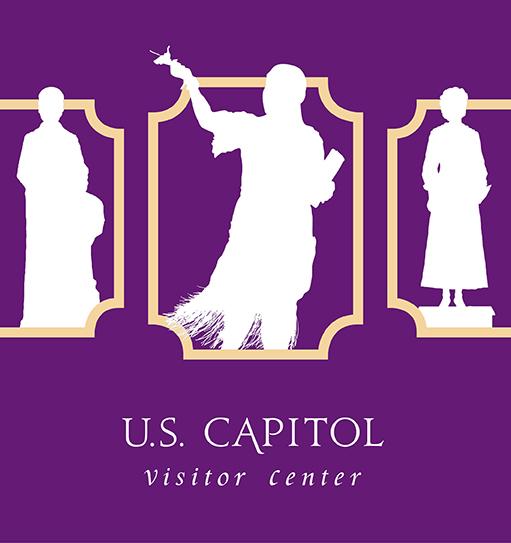 three white silhouettes of female statues from the U.S. Capitol on a purple background